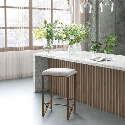 Ivory and Bronze Backless Upholstered Counter Stool with Metal Base