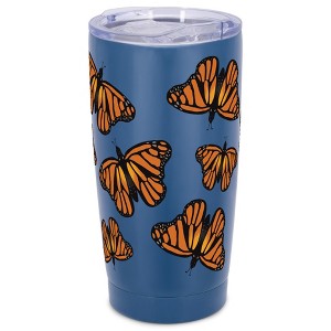 Elanze Designs 20 oz Stainless Steel On the Go Insulated Travel Tumbler With Push Top Lid, Vibrant Orange Monarch Butterfly Pattern Blue - 1 of 4