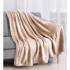 Home Mart Goods Beige Super Soft Warm Flannel Fleece Plush Microfiber Bed Throw Blanket - 1 of 3