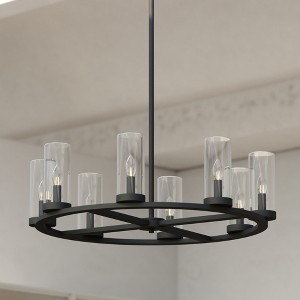 VAXCEL Grantley Matte Black Wheel Chandelier Light Fixture Clear Glass Shade, LED Compatible, Damp Rated - 1 of 4