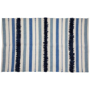 Northlight 3.5' x 2.25' Blue, Cream and Black Striped Handloom Woven Outdoor Accent Throw Rug - 1 of 4