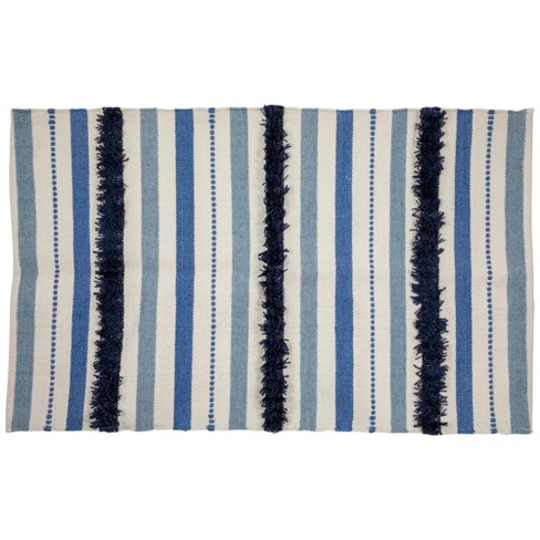 Northlight 3.5' x 2.25' Blue, Cream and Black Striped Handloom Woven Outdoor Accent Throw Rug - image 1 of 4