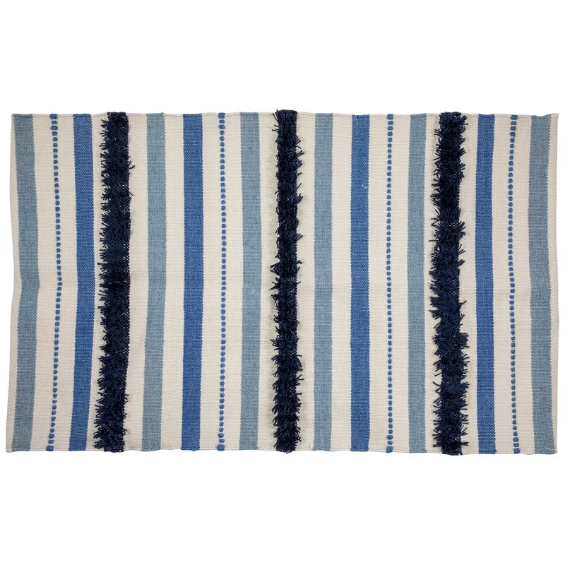 Northlight 3.5' x 2.25' Blue, Cream and Black Striped Handloom Woven Outdoor Accent Throw Rug, 1 of 8