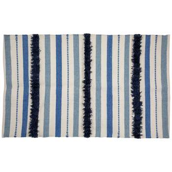Northlight 3.5' x 2.25' Blue, Cream and Black Striped Handloom Woven Outdoor Accent Throw Rug