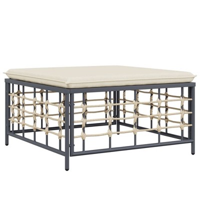 vidaXL Patio Footstool with Beige Cushion Poly Rattan - Outdoor Garden Lounge Footrest with Durable PE Rattan and Powder-Coated Steel Frame