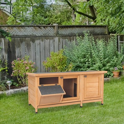 Natural Beige Wooden Rabbit Hutch with Waterproof Roof and Feeding Trough