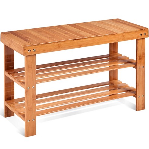 Natural 2-tier Wood Shoe Rack Large Wooden Shoe Bench American Made Storage  Organizer Eco Friendly Wood Entryway Furniture 