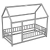 CAVINAS Twin Size Floor Bed House Shaped Modern Pine Bed Frame with Guardrail and Opening for Bedroom, Gray - 3 of 4
