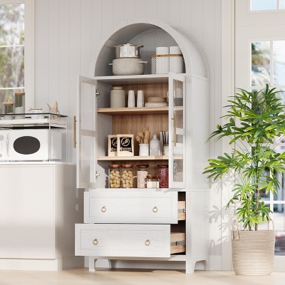 71"H Arched Kitchen Pantry Cabinet, Wood Cupboard Storage Cabinet with Glass Doors & 2 Drawers, Freestanding Display Cabinet, Floor Cabinet