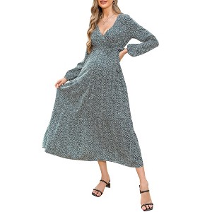 V-neck flared sleeve short sleeved long maternity dress - 1 of 1