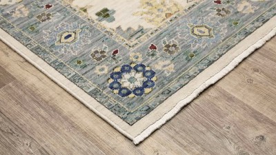Lucca Ivory and Blue Hand-Knotted Wool Rug 2x3