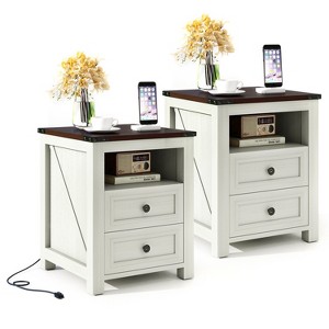 Dyonery 18” Farmhouse Nightstand with Charging Station,End Table with 2 Drawers, Side Table for Living Room ,White - 1 of 4