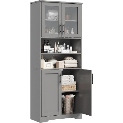 Acekool 67" Tall Bathroom Cabinet with Glass Doors, Adjustable Shelves & Storage – Gray Modern Cupboard for Kitchen, Pantry & Living Room