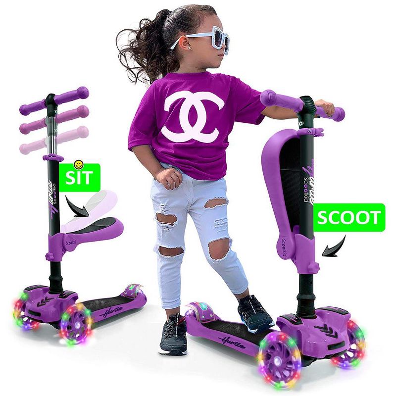 Hurtle ScootKid 3 Wheel Toddler Child Mini Ride On Toy Tricycle Scooter with Colorful LED Light Up Smooth Rolling Wheels, Purple, 1 of 6