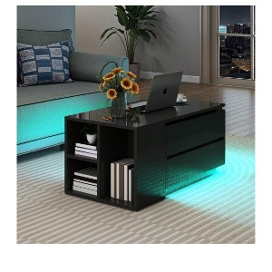 Convertible Wooden Extandable LED Coffee Table with 4 Storage Drawers & Open Shelves For Living Room Black - 1 of 4