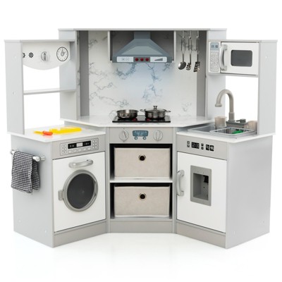 Infans Wooden Kids Play Corner Kitchen w/ Realistic Lights & Sounds Lighted Range Hood