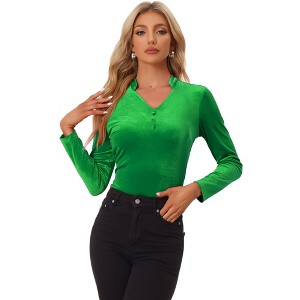 INSPIRE CHIC Women's Casual Soft Long Sleeve Button Decor V Neck Velvet Top - 1 of 4