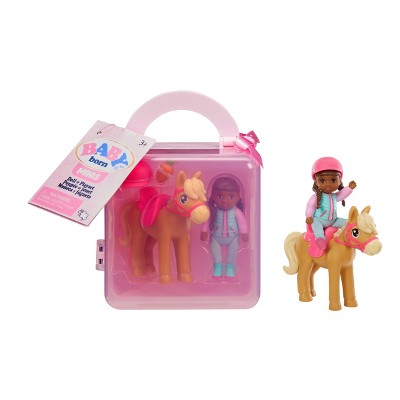 BABY Born Minis Playset - Doll with Brown Eyes, Horse, Helmet, and Carrot Accessory