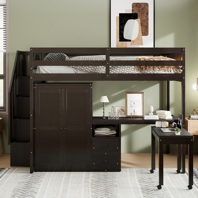 VYNXARIA Full Size Loft Bed with Stairs, Bookshelf, Drawers, Desk & Wardrobe - Space-Saving Espresso
