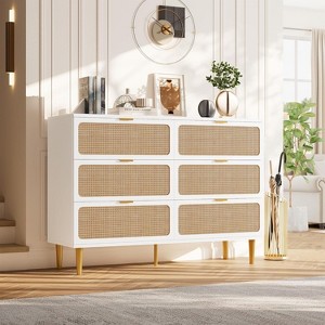 Rattan 6 Drawer Dresser for Bedroom, Large Double Dresser with Deep Drawers, Chest of Drawers for Closet with Wide Top, Long Wooden Dresser - 1 of 4