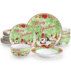 vancasso 16-Piece Green Santa Ceramic Dinnerware Set for 4 - Holiday Plates, Dessert Plates, Soup & Cereal Bowls - 1 of 4