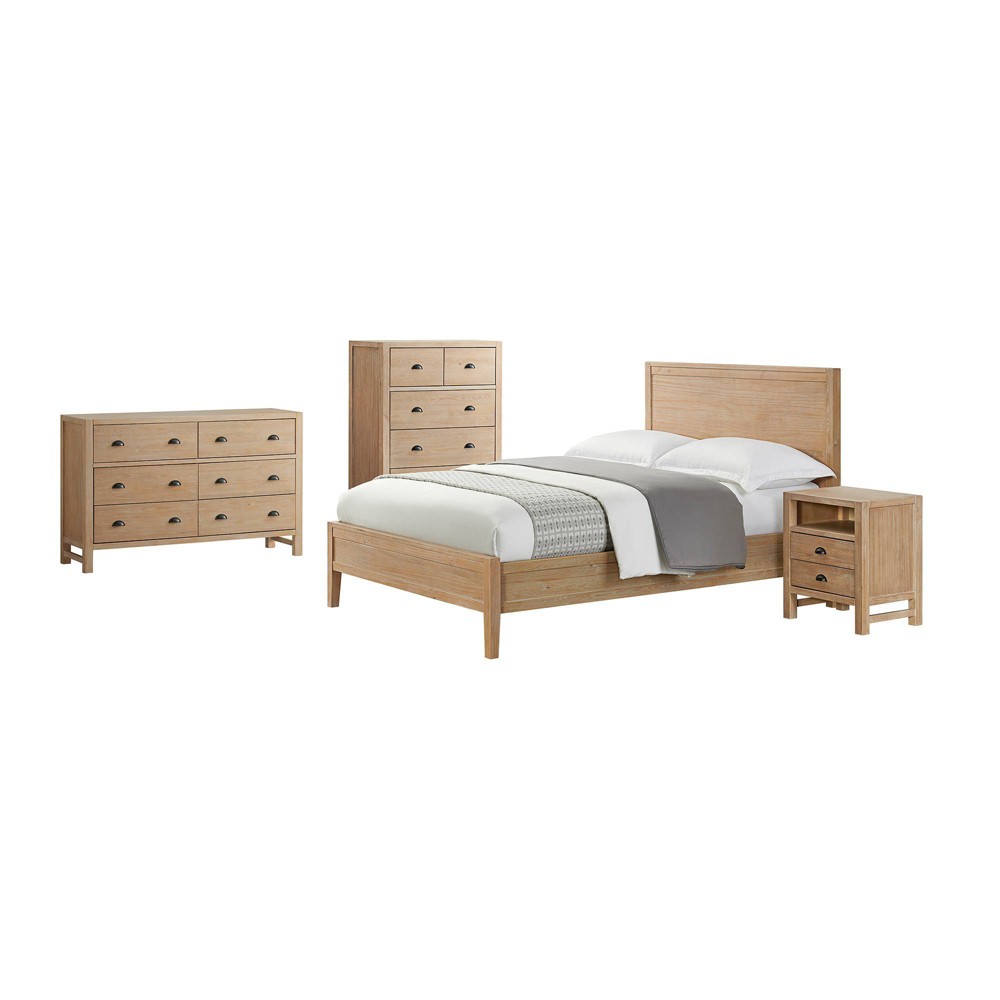 4pc Queen Arden Wood Bedroom Set with 2 Drawer Nightstand Light Driftwood - Alaterre Furniture: Solid Pine, 5-Drawer Chest, 6-Drawer Dresser