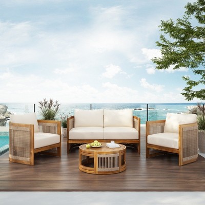 LOEHAVIT 4 Piece Outdoor Patio Furniture Set with 2 Chairs Loveseat & Coffee Table Acacia Wood Patio Seating Water-Resistant Cushions Beige