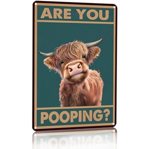 Vintage Highland Cow Tin Sign: Funny "Are You Pooping?" Bathroom Wall Decor - 1 of 4