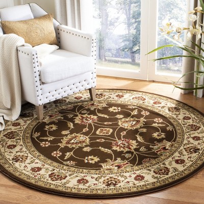 Brown and Ivory Round Safavid Style Synthetic Area Rug