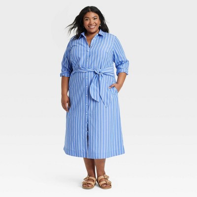 Women s Long Sleeve Tie front Midi Shirtdress Universal Thread Blue Striped 3x Target