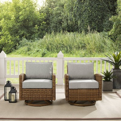 Gray and Weathered Brown Wicker Swivel Rocker Chair Set with Cushions