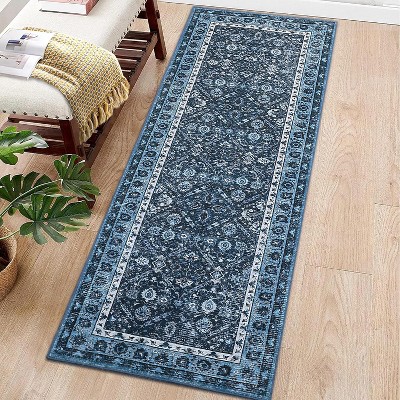 Washable Area Rug, Vintage Faux Wool Floor Cover with Non-Slip Backing, Non-Shedding Thin Foldable Carpet for Living Room Bedroom Kitchen