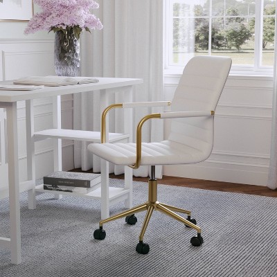 White Faux Leather Executive Swivel Office Chair with Brass Frame