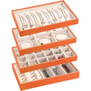 4-Piece Stackable Jewelry Organizer Trays made of PU leather with removable dividers for earrings, necklaces, rings, and bracelets - 1 of 4
