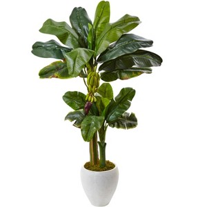 Nearly Natural 5-ft Double Stalk Banana Tree in White Planter - 1 of 1