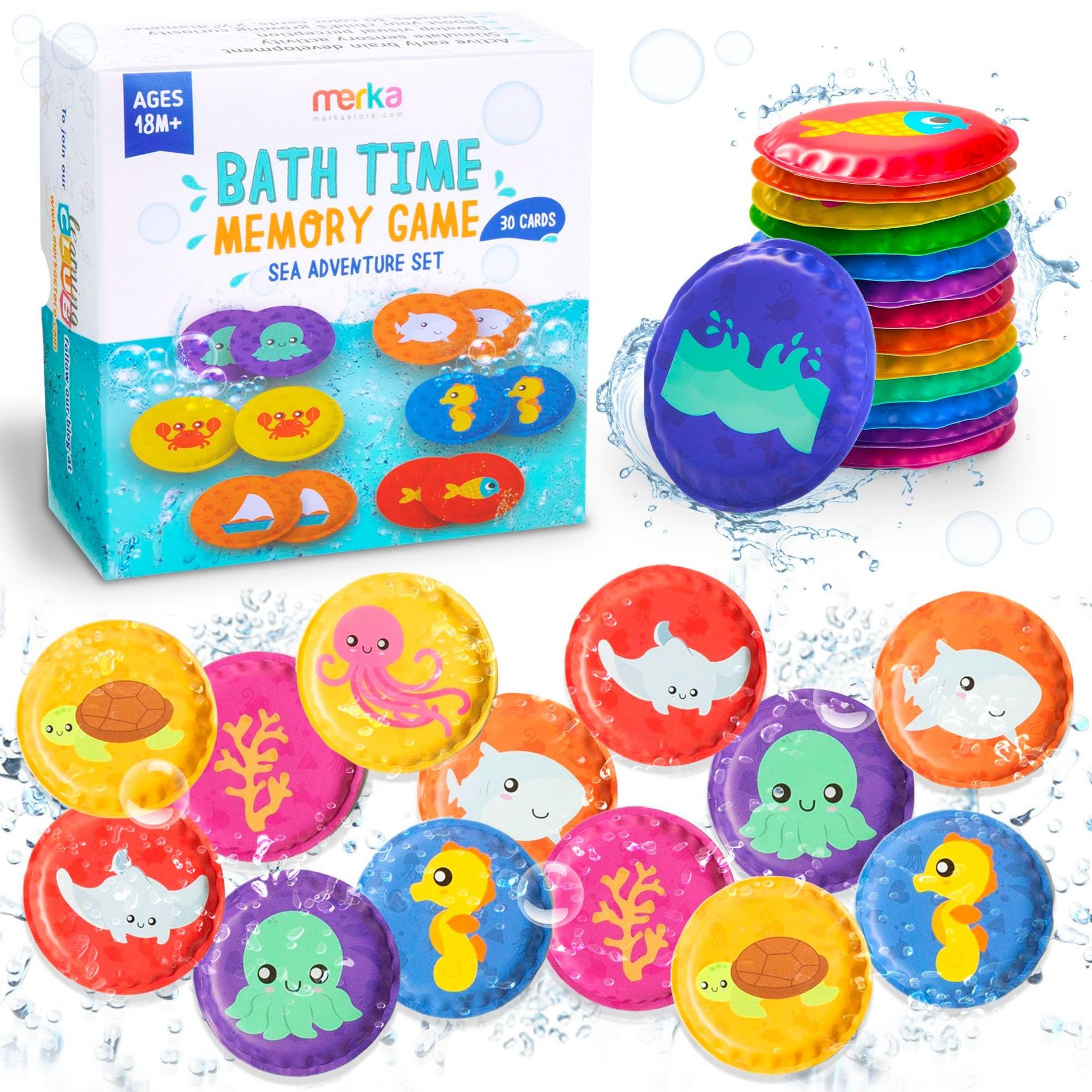 Merka Matching Floating Flashcards for Bathtime Learning, Bath Toys for Toddlers Age 2-4, Set of 30