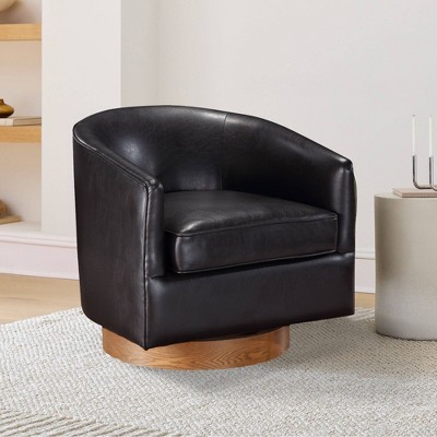 Comfort Pointe Irving Faux Leather Wood Base Barrel Swivel Accent Chair