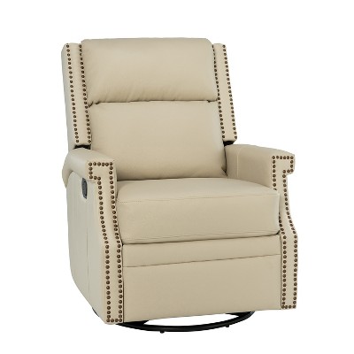 Favonius Wooden Upholstery Genuine Leather Swivel Rocker Recliner with Nailhead Trim for Bedroom and Living Room| ARTFUL LIVING DESIGN