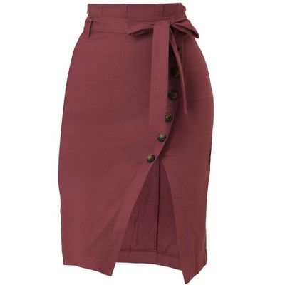 Allegra K Women's Vintage Button Decor Belted Split Front Knee Length Pencil Skirt