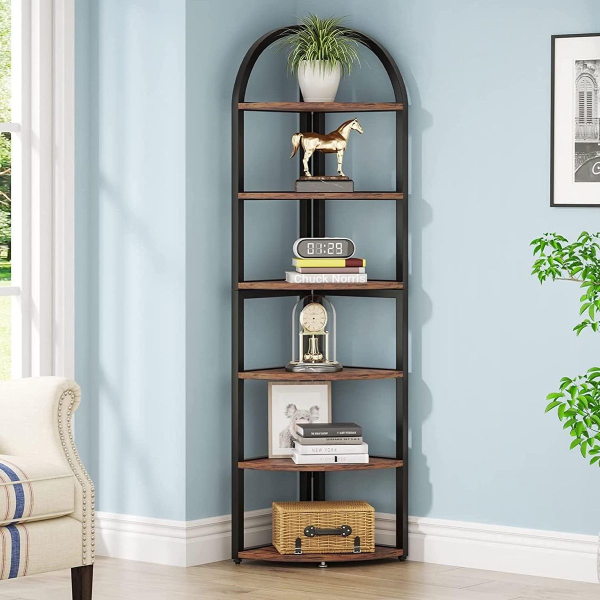 Lantine 6 Tier Corner Shelf, 71.65 inch Tall Corner Bookshelf for Small Space, Rustic Plant Stand Display Rack, Brown