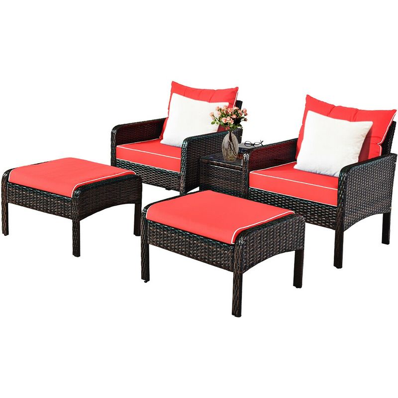 Costway 5 PCS Patio Rattan Furniture Set Sofa Ottoman Table w/Cushion Garden Red, 2 of 11