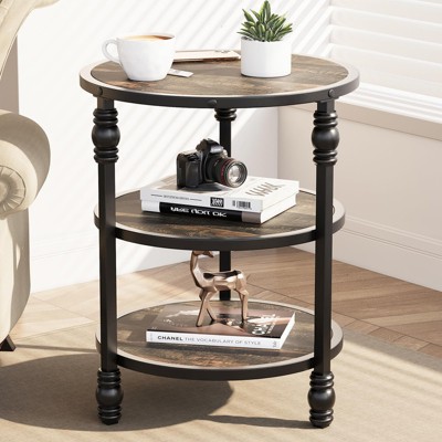 Round/Square End Table with Storage Shelves, 3-Tier Farmhouse Side Table with Metal Legs, Rustic Accent Table for Living Room or Bedroom