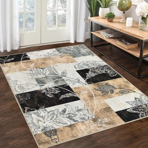 Modern Floral Thin Indoor Rug, Washable Low Pile Carpet with Non Slip Backing, Stain Resistant Mat for Kitchen, Entryway, or Living Room - 1 of 4