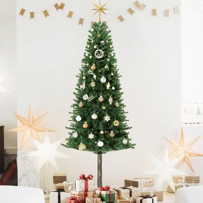 6/7.5FT Pre-Lit Pencil Christmas Tree, Slim Artificial Alpine Tree with LED Lights, Metal Stand, Skinny Holiday Decor for Room, Apartment, Office