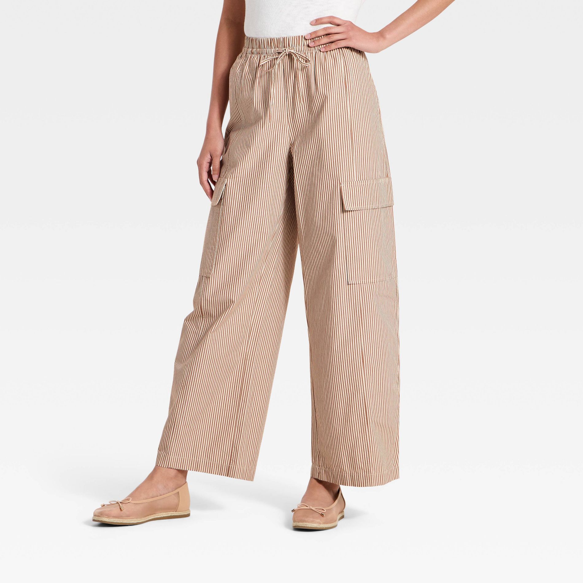 Women's Front-Tie Striped Cargo Pants - A New Day™ Light Brown