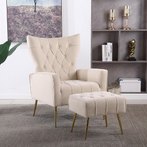 KTMBDW Modern Accent Chair with Ottoman, Boucle Armchair and Footstool, Lounge Reading Chair with Golden Metal Legs for Living Room Bedroom - 1 of 4