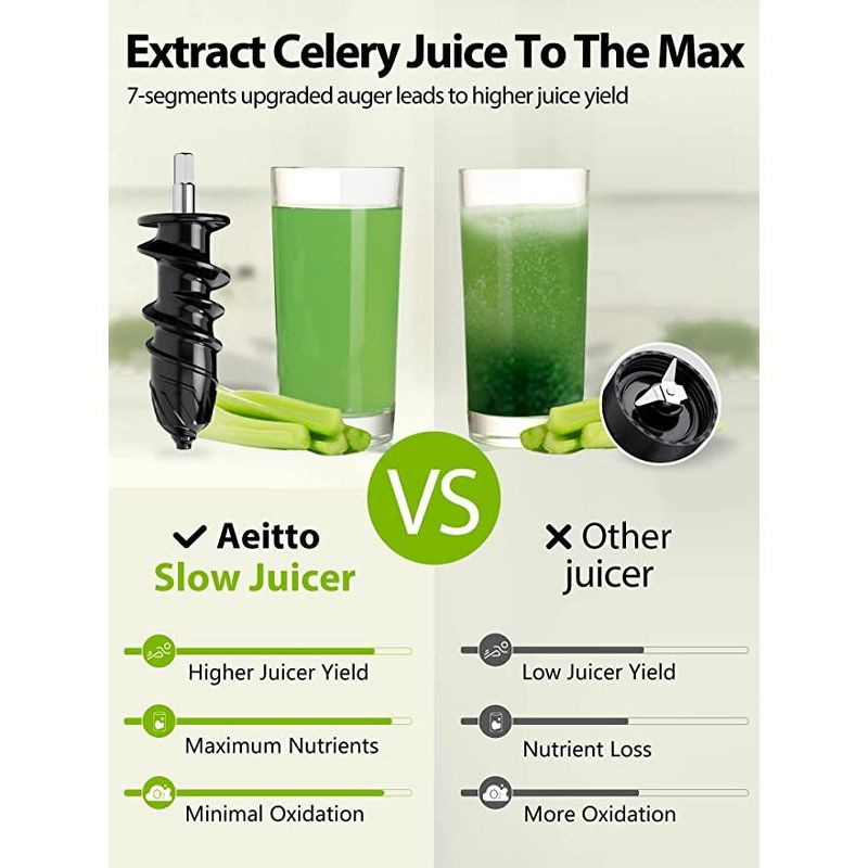 Aeitto Slow Masticating Cold Press Juicer Machine Extractor With 2-Speed Modes, Reverse Function & Quiet Motor - Easy To Clean, 2 of 8