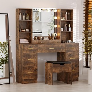 GustoWave Vanity Desk with Storage Stool, 56" Makeup Dressing Table with Power Outlet & 10 LED Lights, 7 Drawers & Storage Shelves, 3 Lighting Modes - 1 of 4