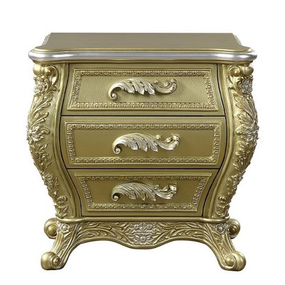 Gold Finish 3-Drawer Cabriole Nightstand with Floral Motifs