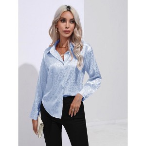 Women's Satin - Like Long Sleeve Blouse, Leopard Print Button - Down Shirt - 1 of 4